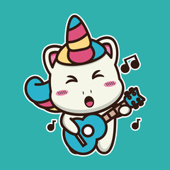 vector illustration of cute unicorn playing ukulele,
suitable for children's books, birthday cards, valentine's day