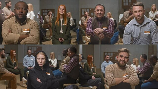 Split screen portraits of diverse people in support group with different issues and attitudes posing for camera