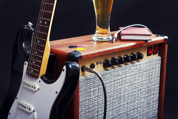Tube combo amplifier for electric guitar with black guitar, glass of beer and notepad on black...