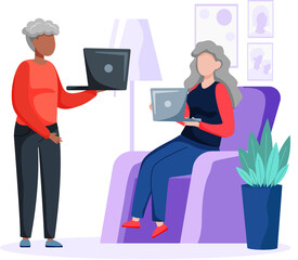 Old person learns new technologies, work and communicate through gadget. Woman holds phone and surfs internet. Character tries to use computer. Elder typing on laptop and spend time on social media