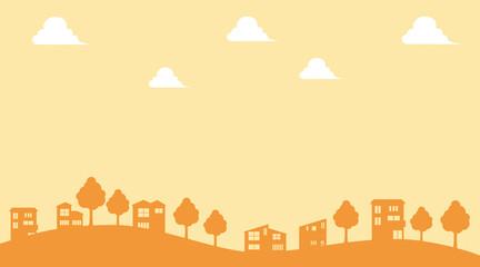 シンプルな建物　一戸建て住居のアイコンで描かれた街並みの2色風景イラスト　不動産　テキストスペース