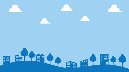 シンプルな建物　一戸建て住居のアイコンで描かれた街並みの2色風景イラスト　不動産　テキストスペース