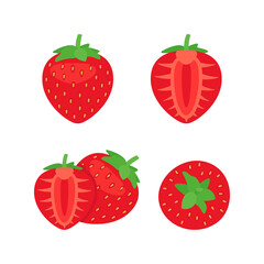 Strawberry full, half and cut food, side and top view. Red berry with vitamins. Summer harvest. Healthy and tasty food. Vector illusdtration
