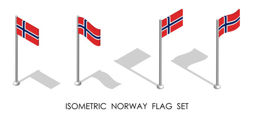 isometric flag of NORWAY in static position and in motion on flagpole. 3d vector