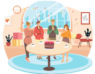 Birthday party in office flat vector illustration. Workers organize holiday, congratulate boss. Interaction, entertainment at workplace. Business team celebrate giving gifts and cake to colleague