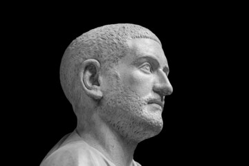 Portrait of Roman emperor Marcus Julius Philippus Arabs. Philip the Arab isolated on black background. Classic antiquity man portrait