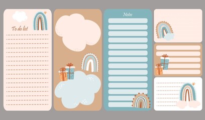 Cute planner templates for day, week, to-do list and notes. Scandinavian style organizer and schedule with cute rainbows. Vector illustration. Stationery for planning and organizing, kids collection 