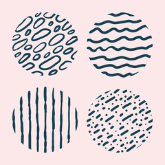 Big Set of round Abstract black Backgrounds or Patterns. Hand drawn doodle shapes. Spots, drops, curves, Lines. Contemporary modern trendy Vector illustration. Posters, Social media Icons templates