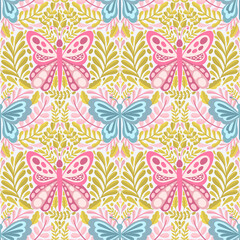 Butterfly and plant seamless pattern.Simple flat cute element insect.Cute cartoon design.