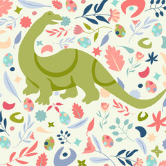 Abstract Dino Floral vector seamless pattern (tiles). Endless textures can be used to print onto kids fabrics, textiles and paper or invitations. 