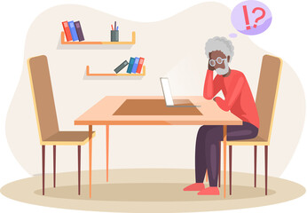Old man sitting at workpace with computer is confused. Senior person dealing with technology, using modern gadgets at home. Elderly male character has difficulties, questions in work with laptop