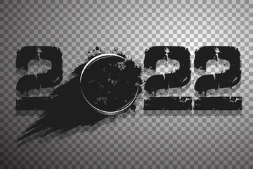 Obraz premium Numbers 2022 and flying abstract hockey puck made from blots with by milky way in grunge style. Happy New Year 2022. Design template for greeting card. Vector illustration on isolated background