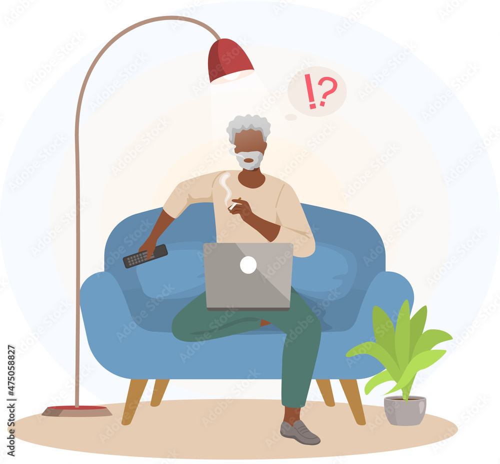 Aufkleber old man sitting with computer and smoking on couch. senior person dealing with technology, using mod