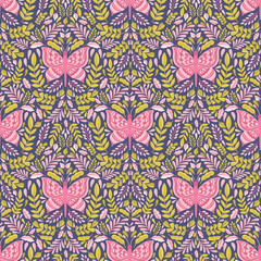 Butterfly and plant seamless pattern.Simple flat cute element insect.Cute cartoon design.