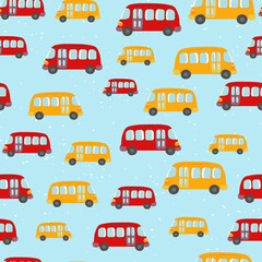 Seamless pattern with cute bus, car on color background. Cartoot transport. Vector illustration. Doodle style. Design for baby print, invitation, poster, card, fabric, textile