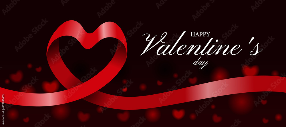 Poster happy valentine's day - red ribbon roll make heart shape on dark background with heart bokeh and red