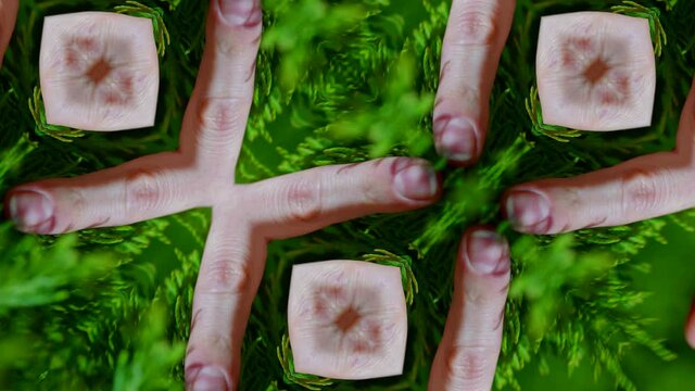 the moving image repeats the patterns of the kaleidoscope. elements of fingers and needles on a green background