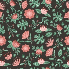 Fototapeta premium Floral vector pattern. Cute minimalistic flowers and leaves. Flowers on a black background.
