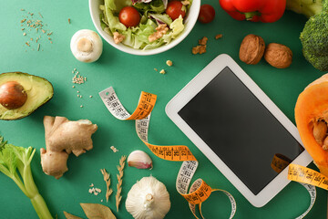 Weight control planning with blank electronic device on green table