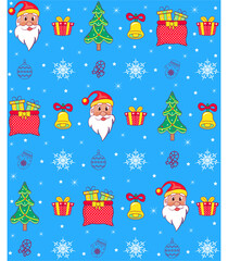Seamless Christmas pattern on blue background. Beautiful pattern for a luxurious gift wrapping paper, t-shirts, greeting cards. 