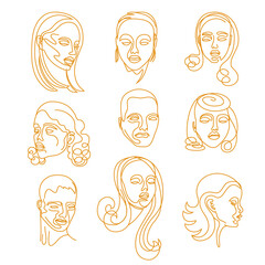 Set of isolated abstract fashion male and female faces drawn in one continuous line. Vector illustration