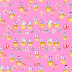 pacific pink Cupcakes rose peonies seamless pattern for fabric