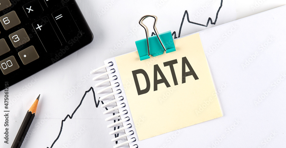 Poster stickers with pencils and notebook with text data on chart background