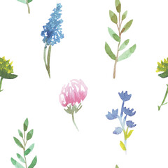 Fototapeta na wymiar Seamless pattern of wildflowers and plants on a white background. Good for weddings, birthdays, wedding cards, invitations, mother's day, baby textiles.