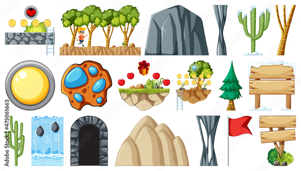 Wall mural set of isolated fantasy space game objects and elements