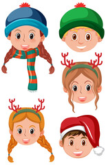 Set of different children faces in winter outfits