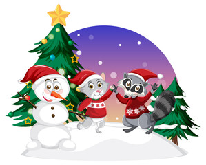 Cute and raccoon wearing Christmas winter outfits