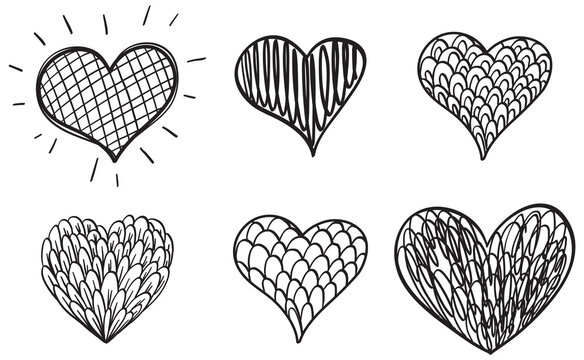Set of different hearts in doodle style