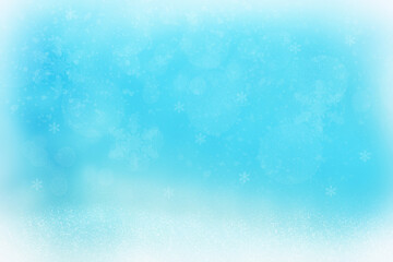 Abstract blurred festive delicate winter christmas or Happy New Year background texture with shiny light blue and bright bokeh lighted stars and snowflakes. Card concept.