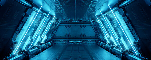 Fototapeta Blue spaceship interior with neon lights on panel walls. Futuristic corridor in space station background. 3d rendering obraz