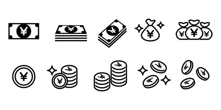 お金、お札、マネー、日本円のベクターアイコンイラスト白黒