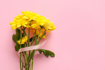 Yellow chrysanthemum flowers on pink background