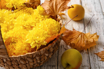 Basket with yellow chrysanthemum flowers on light wooden background