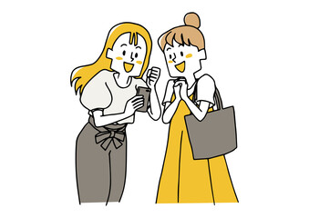 スマートフォンを見ながら興奮する二人の女性　勝利や成功を祝う人々　ゆるい手描きの人物イラスト