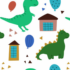 Seamless background with color dinosaurs, cute houses, and balloons. Pattern for baby shower party, greeting card, textile, wrapping. Vector