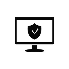 A computer and a shield with a check mark icon on the screen. The concept of the protection of users and confidential information on the Internet. Solid black vector icon isolated