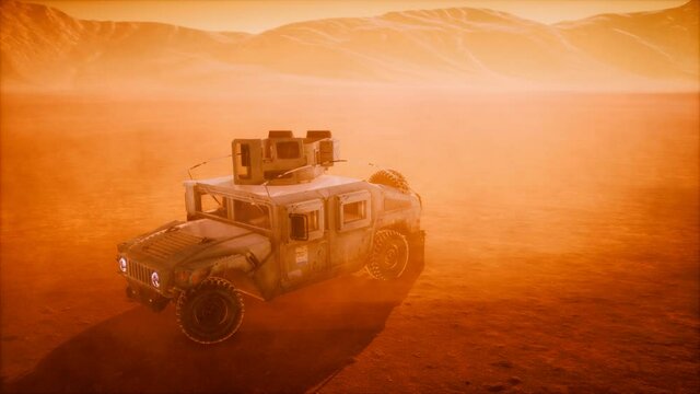 Military patrol car on sunset in desert storm