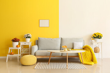 Interior of modern living room with comfortable sofa and Chrysanthemum flowers