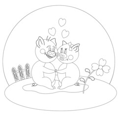 Lovebirds piglets coloring book. Vector illustration.