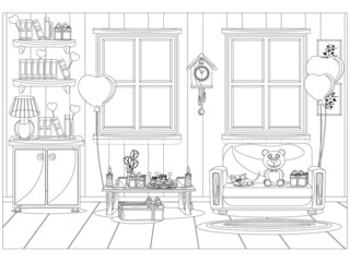 Vector illustration of the interior of the room prepared for the celebration of Valentine's day. Coloring book.