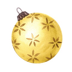 Watercolor illustration. Christmas glass yellow ball with golden pattern. Traditional Christmas decoration. For greencard and poster design. Isolated on a white bachground.