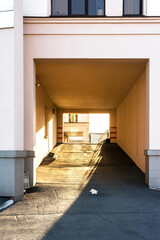 Emergency entrance to the courtyard of an office building in the city center. City life of a big city.