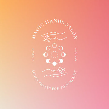 Mystical hands and moon phases vector logo. Magic hands brand template, vector stock clip art