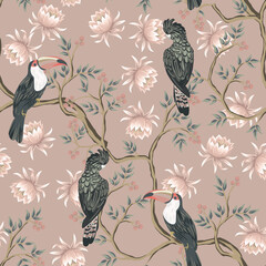 Vintage garden tree, parrot, toucan, flower lotus floral seamless pattern pink background. Exotic chinoiserie wallpaper.