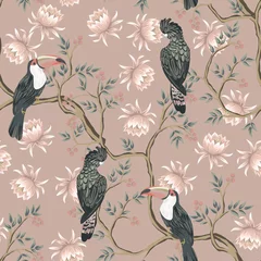 Peel and stick wall murals Vintage Flowers Vintage garden tree, parrot, toucan, flower lotus floral seamless pattern pink background. Exotic chinoiserie wallpaper.
