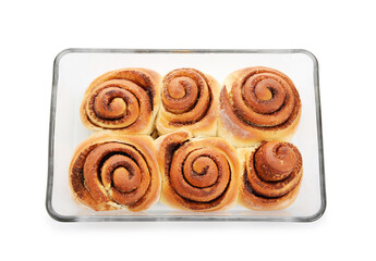Baking dish of tasty cinnamon rolls on white background